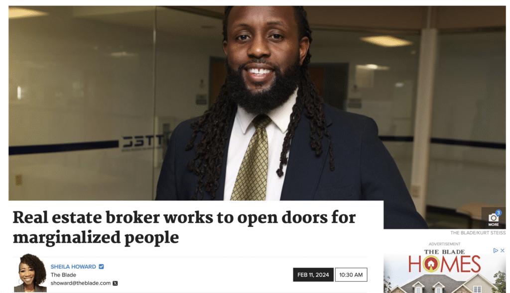 Rob Pasker standing in front of a home in Toledo, featured in The Blade for his advocacy in real estate education and access.