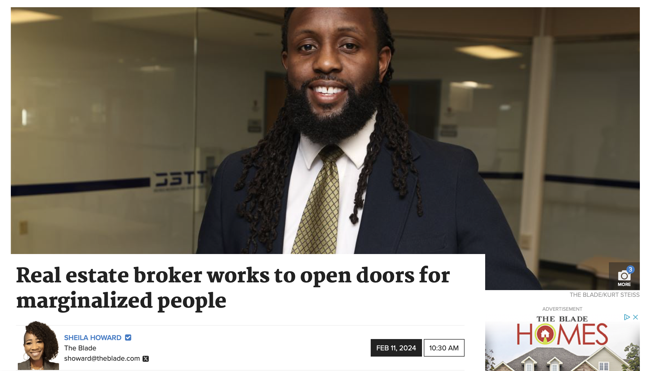 Rob Pasker standing in front of a home in Toledo, featured in The Blade for his advocacy in real estate education and access.
